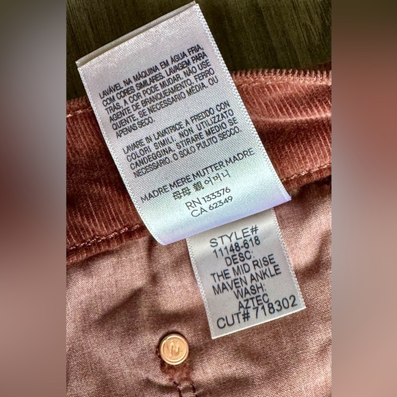 Mother Corduroy Mid Rise The Maven Ankle Pants Hopscotch Aztec Brown NWT - Picture 10 of 16